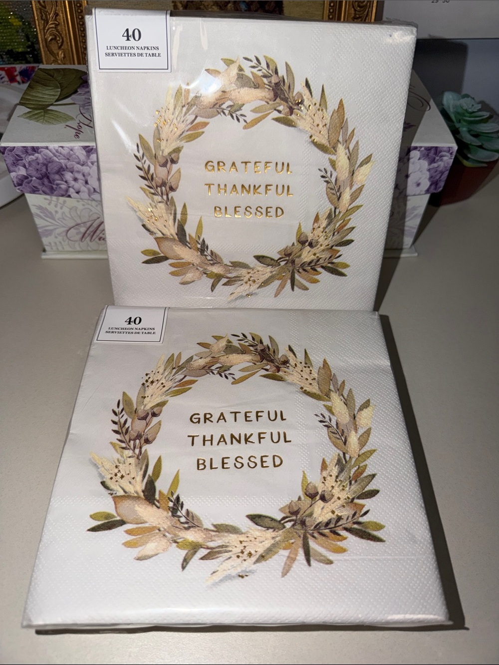 White Beige Brown Green Wreath Fall Harvest Square Lunch Napkins 40 pk x 2